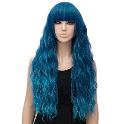 Picture of netgo Women's Teal Wig Long Fluffy Curly Wavy Blue Hair Wigs for Girl Synthetic Wigs