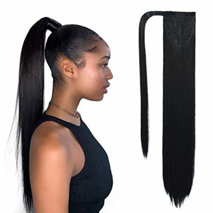 Picture of SEIKEA Clip in Ponytail Extension Wrap Around Long Straight Hair Extension 20 Inch Synthetic Hairpiece - Black