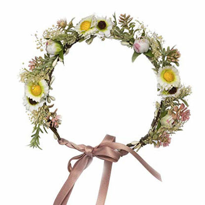 Picture of Daisy Flower Crown Floral Wreath Headband Hair Garland Flower Halo Headpiece with Ribbon Wedding Party Photos Festival by Vivivalue