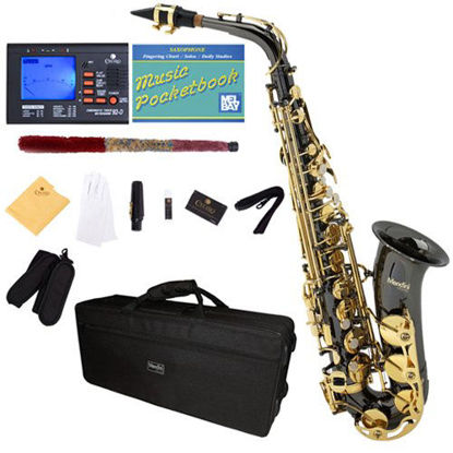 Picture of Mendini by Cecilio E-Flat Alto Saxophone, Black Nickel Plated with Gold Keys + Tuner, Case, Pocketbook - MAS-BNG+92D+PB