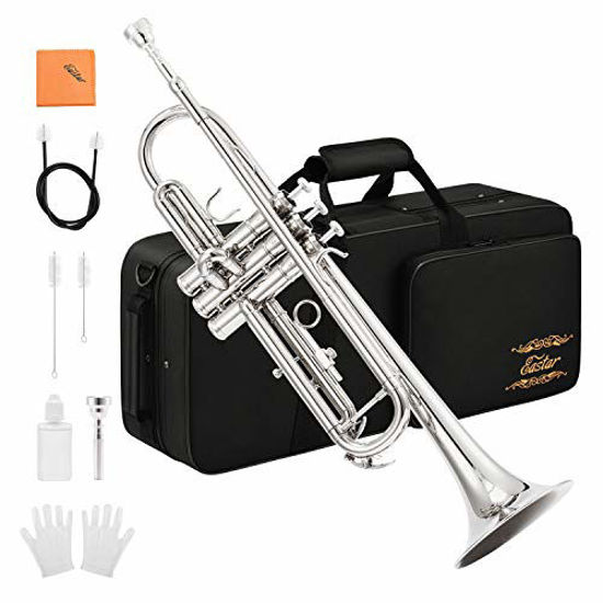 Picture of Eastar ETR-380N Trumpet Standard Bb Nickel Trumpet Set for Student Beginner with Hard Case Gloves 7C Mouthpiece Valve Oil and Trumpet Cleaning Kit