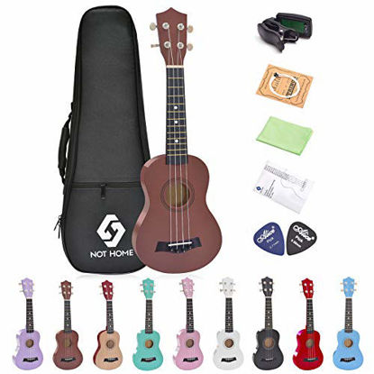 Picture of NOT HOME Soprano Ukulele Beginner Pack, 21 Inch Basswood kids Ukuleles Starter Kit with Gig Bag Digital Tuner Spare Strings and Picks. (coffee)