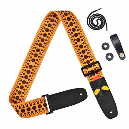Picture of Amumu Polka Dots Guitar Strap Orange with 3 pick holders for Acoustic, Electric, Bass Guitars W/FREE 3 Picks & Strap Blocks & Headstock Strap Tie - 2" Wide