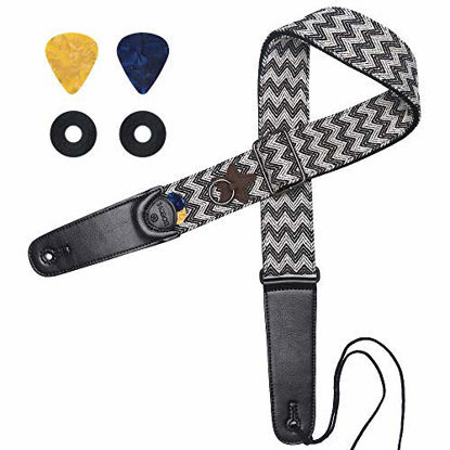 Picture of Guitar Strap, IHOBOR Classical Ripple Acoustic Electric Bass Guitar Strap with Premium Leather End, Vintage Classical Pattern Design Included Strap Locks & Strap Picks