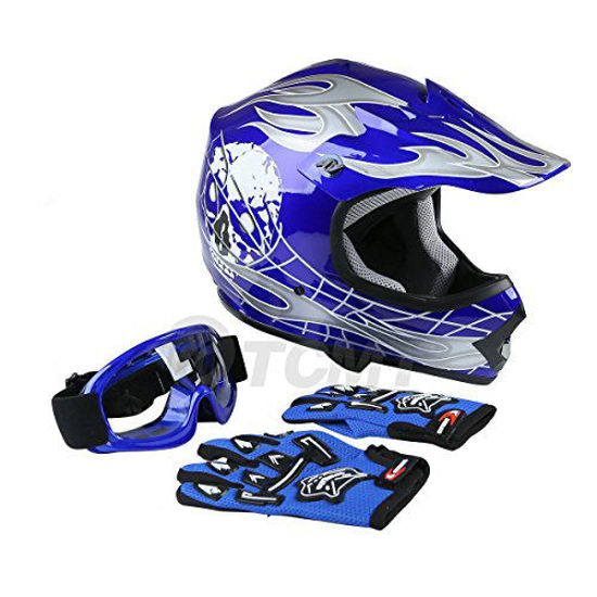 Picture of TCMT Dot Youth & Kids Motocross Offroad Street Helmet Blue Skull Motorcycle Youth Helmet Dirt Bike Motocross ATV Helmet+Goggles+Gloves S