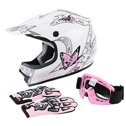 Picture of TCT-MT DOT Helmet+Goggles +Gloves Youth Kids Helmet Pink Butterfly Dirt Bike Motocross Offroad Street Helmet Motorcycle (Large)