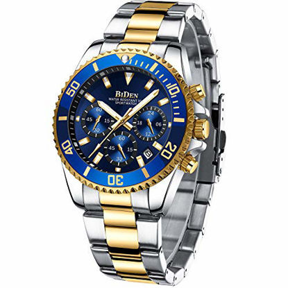 Picture of Mens Watches Chronograph Gold Blue Stainless Steel Waterproof Date Analog Quartz Watch Business Casual Fashion Wrist Watches for Men