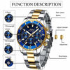 Picture of Mens Watches Chronograph Gold Blue Stainless Steel Waterproof Date Analog Quartz Watch Business Casual Fashion Wrist Watches for Men