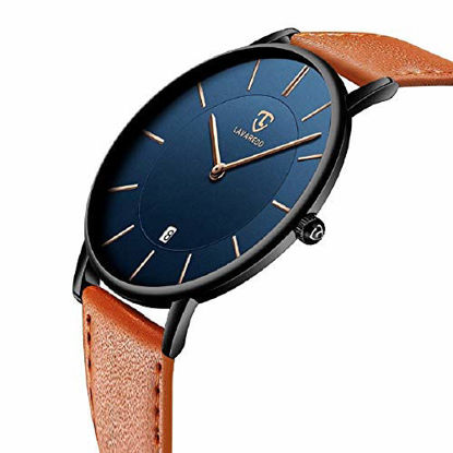Picture of Watch, Mens Watch, Minimalist Fashion Simple Wrist Watch Analog Date with Leather Strap Orange Blue