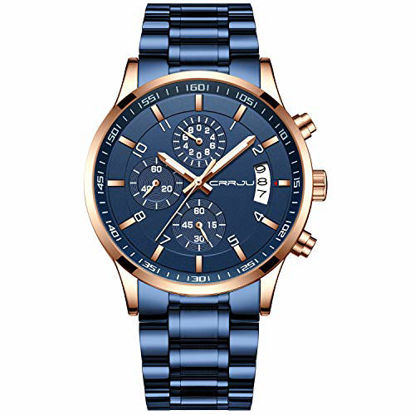 Picture of CRRJU Mens Watches Fashion Business Quartz Analog Auto Date Men's Watch Blue Stainless Steel Band Waterproof Chronograph Wrist Watch for Men