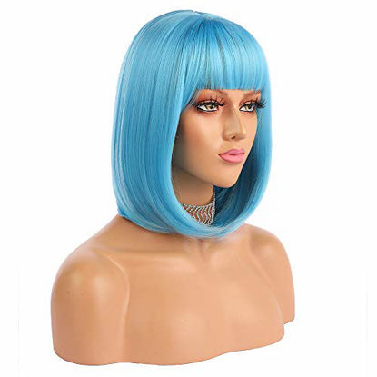 Picture of eNilecor Short Bob Hair Wigs 12" Straight with Flat Bangs Synthetic Colorful Cosplay Daily Party Wig for Women Natural As Real Hair+ Free Wig Cap (Blue)