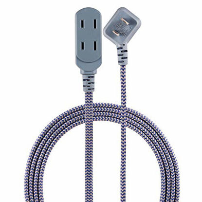 Picture of Cordinate 45526-T1, Navy/Gray, Designer 3 Extension, 2 Prong Power Strip, Extra Long 8 Ft Cable with Flat Plug, Braided Chevron Fabric Cord, Slide-to-Close Safety Outlets, 45526, 8 ft, 8 Ft