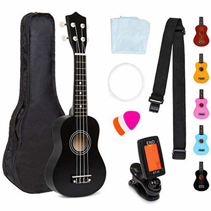 Picture of Best Choice Products 21in Acoustic Soprano Basswood Ukulele Starter Kit w/Nylon Carrying Gig Bag, Strap, Colorful Picks, Polishing Cloth, Clip-On Digital Tuner, Extra String - Black