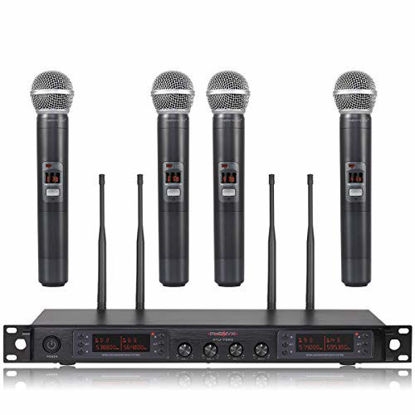Picture of Wireless Microphone System, Phenyx Pro Quad Channel Cordless Mic Set with Metal Handheld Mics, 4x40 Channels, Auto Scan, Long Distance 328ft, Ideal for DJ, Church, Outdoor Events (PTU-7000A)