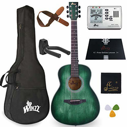 Picture of WINZZ 3/4 Dreadnought Acoustic Guitar Bundle with Online Lessons, Bag, Metronome Tuner, Wall-mounted Hanger, Strap, Picks & Cleaning Cloth,36 Inches Right Handed, Dark Hunter Green