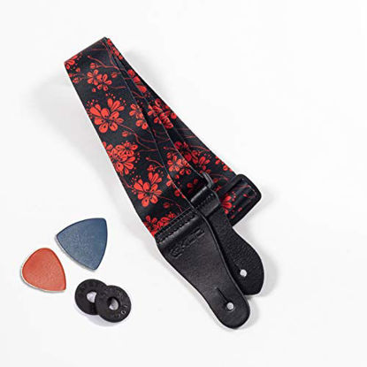 Picture of KLIQ Vintage Woven Guitar Strap for Acoustic and Electric Guitars + 2 Free Rubber Strap Locks, 2 Free Guitar Picks and 1 Free Lace | Terylene Printed Pattern Style | Red Flowers
