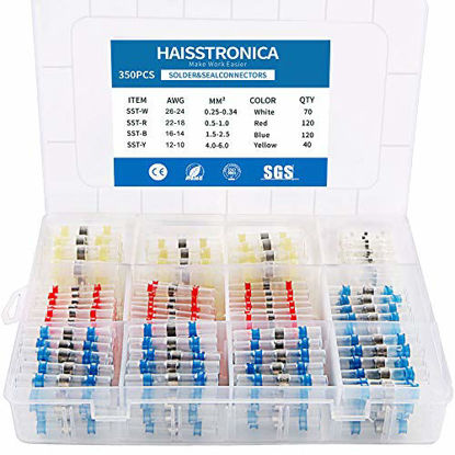 Picture of Haisstronica 350PCS Solder Seal Wire Connectors-Waterproof Solder Wire Connectors Kit-Heat Shrink Butt Connectors for Aircraft,Boat,Truck,Stereo,Electrical,Joint(40Yellow 70White 120Red 120Blue)
