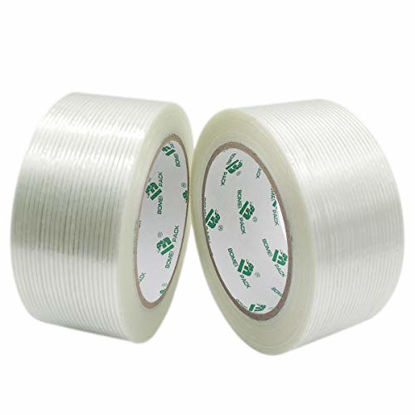 Picture of Mono Filament Strapping Tape, 2 Roll 2 Inch x 35 Yards 5.3 Mil, Heavy Duty Transparent Reinforced Fiberglass tape, BOMEI PACK
