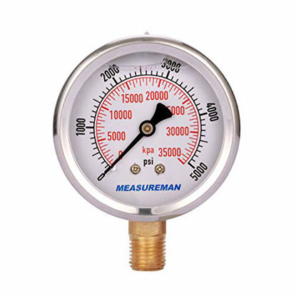 Picture of Measureman 2-1/2" Dial Size, Liquid Filled Hydraulic Pressure Gauge, 0-5000psi/kpa, 304 Stainless Steel Case, 1/4"NPT Lower Mount
