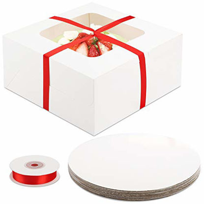 Picture of Moretoes 10 Sets 10x10x5 Inches Cake Boxes Cake Boards Ribbons 10pcs White Cake Boxes 10 Round Cake Boards with Red Ribbons