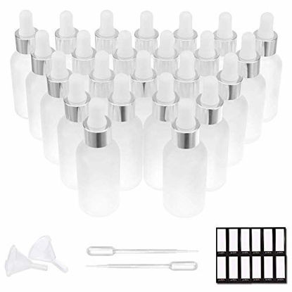 Picture of PrettyCare Eye Dropper Bottle 1 oz (24 Pack Frosted Glass Bottles 30ml with Silver Caps, 48 Labels, Funnel & Measured Pipettes) Empty Tincture Bottles for Essential Oils, Perfume