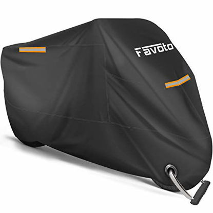 Picture of Favoto Motorcycle Cover All Season Universal Weather Premium Quality Waterproof Sun Outdoor Protection Durable Night Reflective with Lock-Holes & Storage Bag Fits up to 96.5 Motorcycles Vehicle Cover