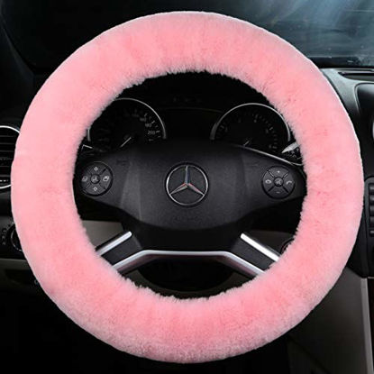 Picture of ANDALUS Car Steering Wheel Cover, Fluffy Pure Australia Sheepskin Wool, Universal 15 inch (Pink)