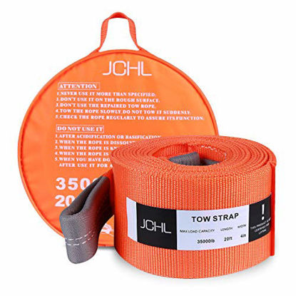 Picture of JCHL Recovery Tow Strap Heavy Duty Draw String 4" x20ft 35000LBS (18TON) Rated Capacity Off Road Towing Rope Reinforced Loops Storage Bag Emergency Tow