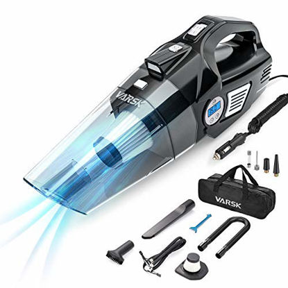 Picture of VARSK 4-in-1 Car Vacuum Cleaner, Tire Inflator Portable Air Compressor with Digital Tire Pressure Gauge LCD Display and LED Light, 12V DC Air Compressor Pump, 15FT Cord, Bonus HEPA Filter and Nozzles