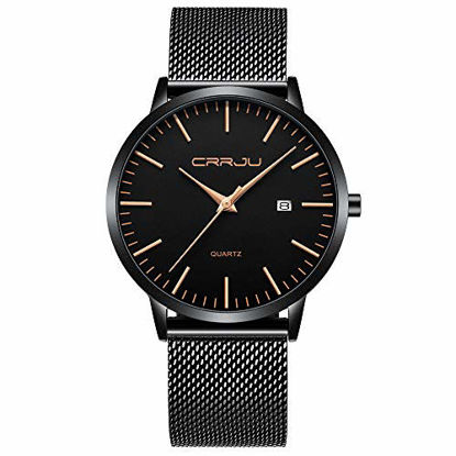 Picture of CRRJU Watches,Men's Minimalist Fashion Simple Wrist Watch Analog Date with Mesh Strap Gold/Black