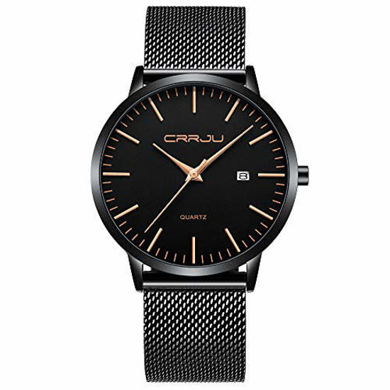 Picture of CRRJU Watches,Men's Minimalist Fashion Simple Wrist Watch Analog Date with Mesh Strap Gold/Black