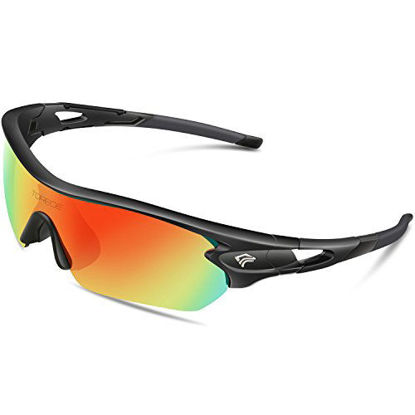 Picture of Torege Polarized Sports Sunglasses With 3 Interchangeable Lenes for Men Women Cycling Running Driving Fishing Golf Baseball Glasses TR002 Upgrade(Black&Black Tips&Rainbow Lens)