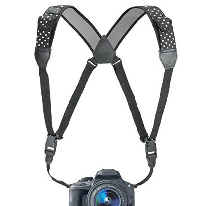 Picture of USA GEAR DSLR Camera Strap Chest Harness with Quick Release Buckles, Polka Dot Neoprene Pattern and Accessory Pockets - Compatible w/Canon, Nikon, Sony and More Point and Shoot and Mirrorless Cameras