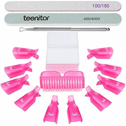 Picture of Teenitor Gel Nail Polish Remover Kit with 10pcs Nail Polish Remover Clips Cap 115pcs Nail Wipe Cotton Pads Nail Scraper Nail Files and Buffer Bushes - Hot Red