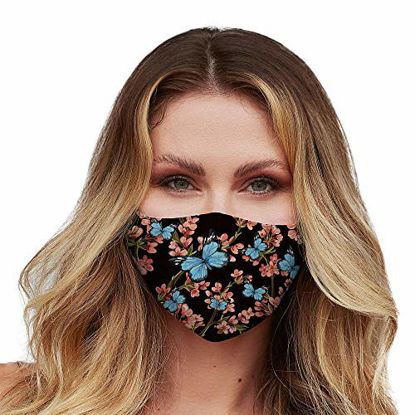 Picture of Washable Face Mask with Adjustable Ear Loops & Nose Wire - 3 Layers,100% Cotton Inner Layer - Cloth Reusable Face Protection with Filter Pocket - (Blue Butterfly Floral)