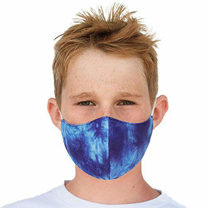 Picture of Youth Washable Face Mask with Adjustable Earloops & Nose Wire - 3 Layers, 100% Cotton Inner Layer - Ages: 6-12 - Cloth Reusable Face Protection with Filter Pocket (Sea Blue Tie Dye)