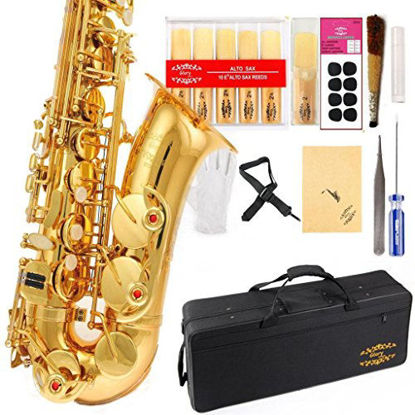 Picture of Glory Professional Alto Eb SAX Saxophone Gold Laquer Finish, Alto Saxophone with 11reeds,8 Pads Cushions,case,carekit,Gold Color, NO NEED TUNING, PLAY DIRECTLY