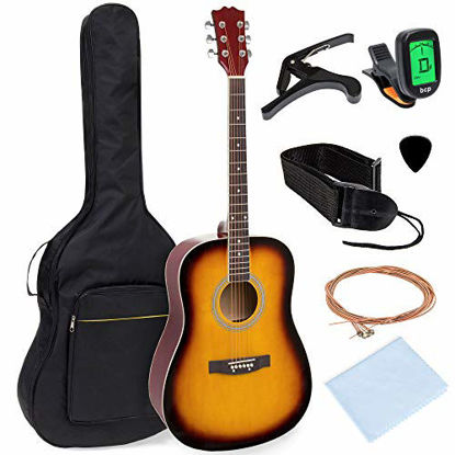 Picture of Best Choice Products 41in Full Size Beginner All Wood Acoustic Guitar Starter Set w/Case, Strap, Capo, Strings, Picks, Tuner - Sunburst