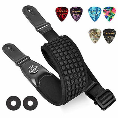 Picture of LEKATO Bass Strap for Heavy Bass and Guitars with 3.5" Wide 3D Sponge Filling & Neoprene Material Decompression Adjustable Length from 45" to 55" with Pick Holders 2 Safety Strap Locks and 6 Picks.