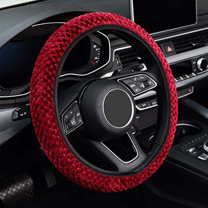 Picture of KAFEEK Elastic Short Microfiber Plush Steering Wheel Cover for Winter Warm , Universal 15 inch, Anti-Slip, Odorless, Wine Red