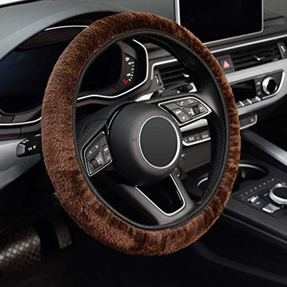 Picture of KAFEEK Elastic Long Microfiber Plush Steering Wheel Cover for Winter Warm , Universal 15 inch, Anti-Slip, Odorless, Brown