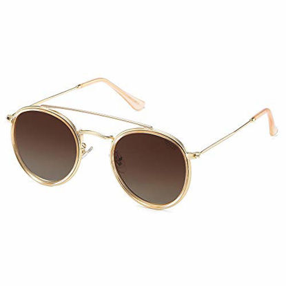 Picture of SOJOS Small Retro Round Polarized Sunglasses UV400 Double Bridge Sunnies SUNSET SJ1104 with Gold Frame/Shiny Crystal Brown Rim/Gradient Brown Lens
