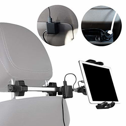 Picture of Macally Headrest Tablet Holder for Car with USB Charging Hub & Cigarette Lighter Adapter - Charge Up to 4 Devices with 3 USB & 1 USB-C Ports - Universal Fit Tablet & iPad Car Mount 4.5 to 10 Wide