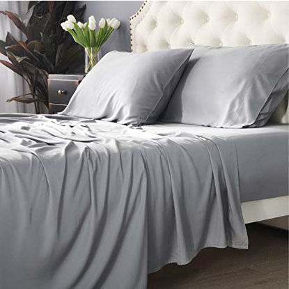 Picture of Bedsure 100% Bamboo Sheets Twin Size Cooling Sheets Deep Pocket Bed Sheets-Super Soft Hypoallergenic,Breathable - 3 Pieces 1 Fitted Sheet with 16 Inches, 1 Flat Sheet, 1 Pillowcases-Light Grey