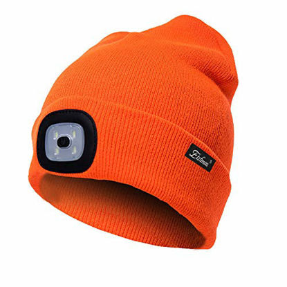 Picture of Etsfmoa Unisex LED Beanie Hat with Light, Gift for Men and Women USB Rechargeable Winter Knit Lighted Headlight Hats Headlamp Torch Skull Cap (Bright orange)