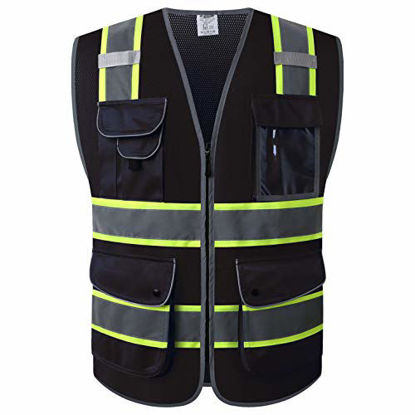 Picture of JKSafety 9 Pockets High Visibility Zipper Front MESH Black Safety Vest | Black with Dual Tone High Reflective Strips | ANSI/ISEA Standards (Mesh-Black, X-Large)