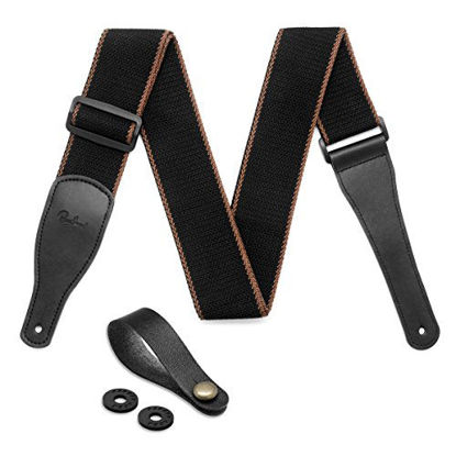 Picture of Guitar Strap 100% Soft Cotton & Genuine Leather Ends Guitar Shoulder Strap With Guitar Strap Lock and Button Headstock Adaptor (Black)