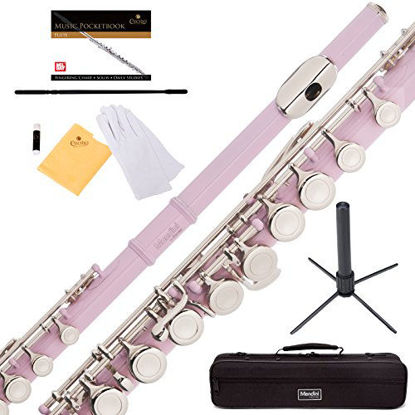 Picture of Mendini Closed Hole C Flute with Stand, 1 Year Warranty, Case, Cleaning Rod, Cloth, Joint Grease, and Gloves (Pink+Nickel)
