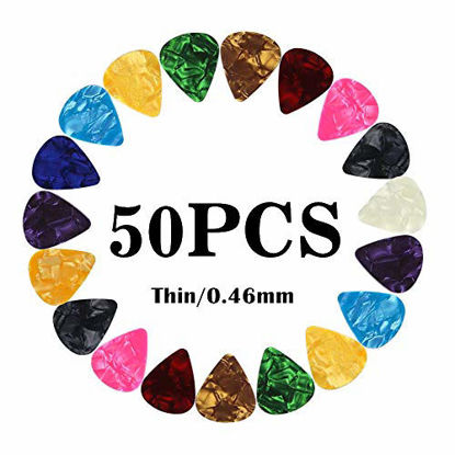 Picture of Guitar Picks Thin Light Soft Gauge Assorted Pearl Variety Sampler Pack Celluloid - 50 Pcs Mixed Colorful - Plectrums for Gift Acoustic Guitar, Bass and Electric Guitar - 0.46mm