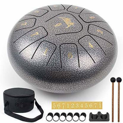 Picture of Steel Tongue Drum, AKLOT 10 inch 11 Notes Tank Drum C Key Percussion Steel Drum Kit w/Drum Mallets Note Stickers Finger Picks Mallet Bracket and Gig Bag